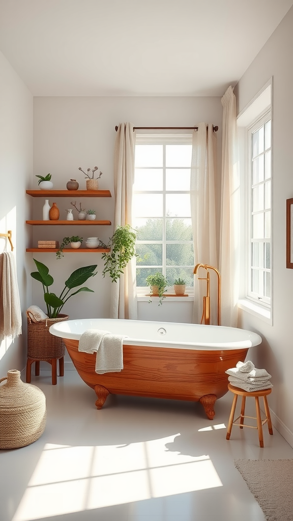 Bright, airy bathroom with wooden bathtub, plants, and natural light