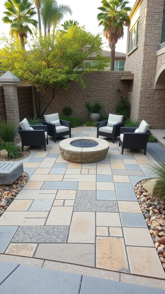 Cozy patio with a mix of concrete and natural stone, surrounded by greenery and featuring a fire pit.