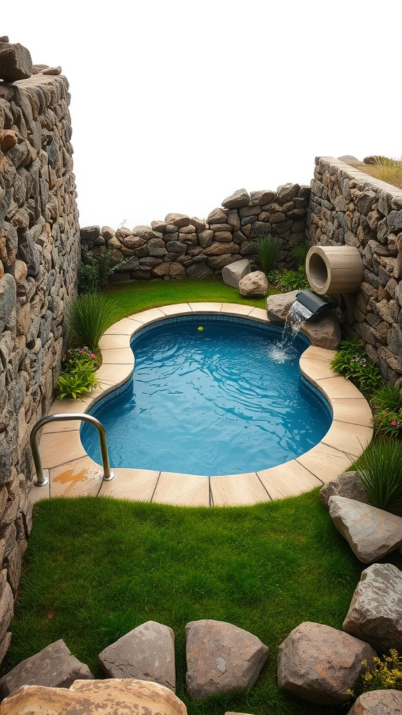 A natural stone plunge pool surrounded by lush greenery and stone walls