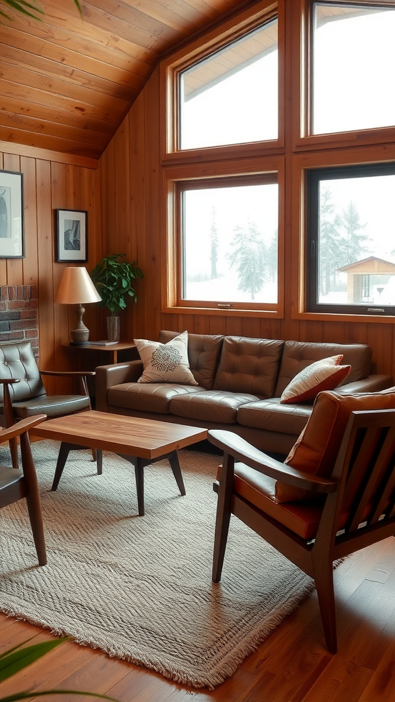 Cozy mid-century modern living room with natural wood walls and leather furniture, featuring large windows and a soft rug.