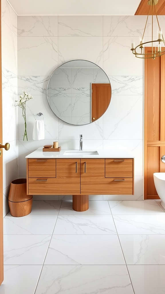 A modern bathroom featuring natural wood cabinetry and marble tiles, with a round mirror and decorative accents.