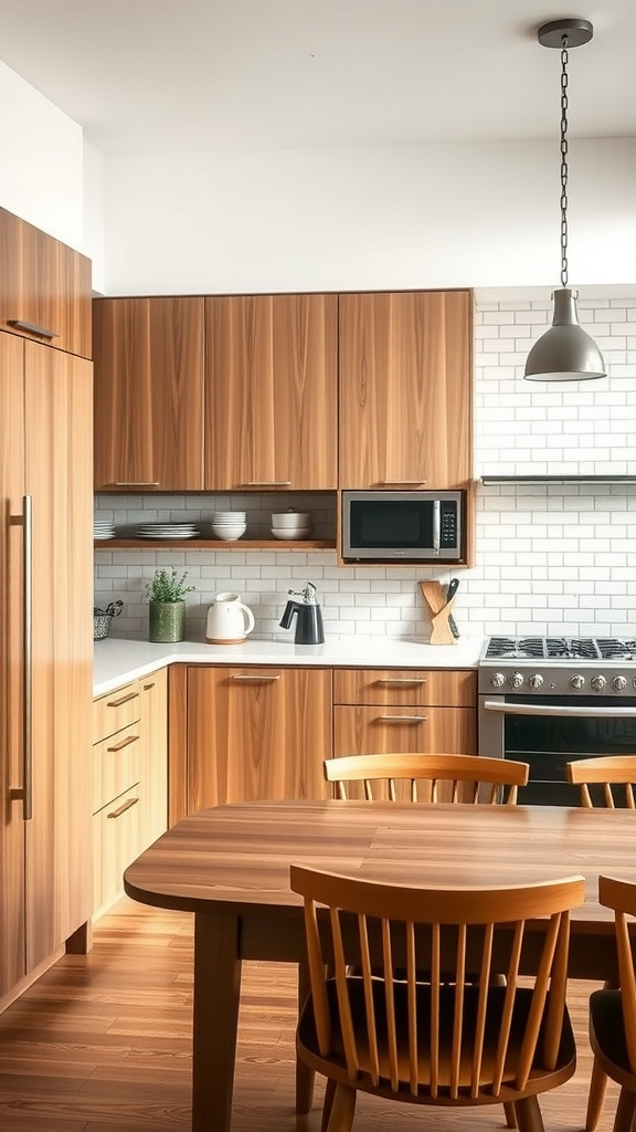 A modern kitchen featuring natural wood cabinets, white subway tiles, and a round wooden dining table.