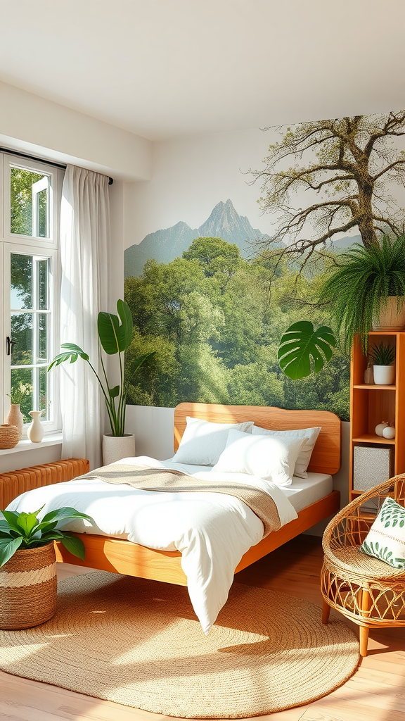 A serene nature-inspired bedroom featuring a wooden bed, plants, and a mountain mural