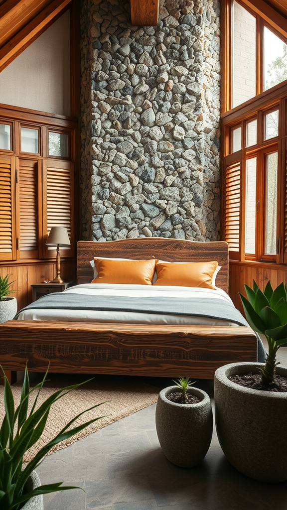 A nature-inspired bedroom featuring a stone wall, wooden furniture, and potted plants.