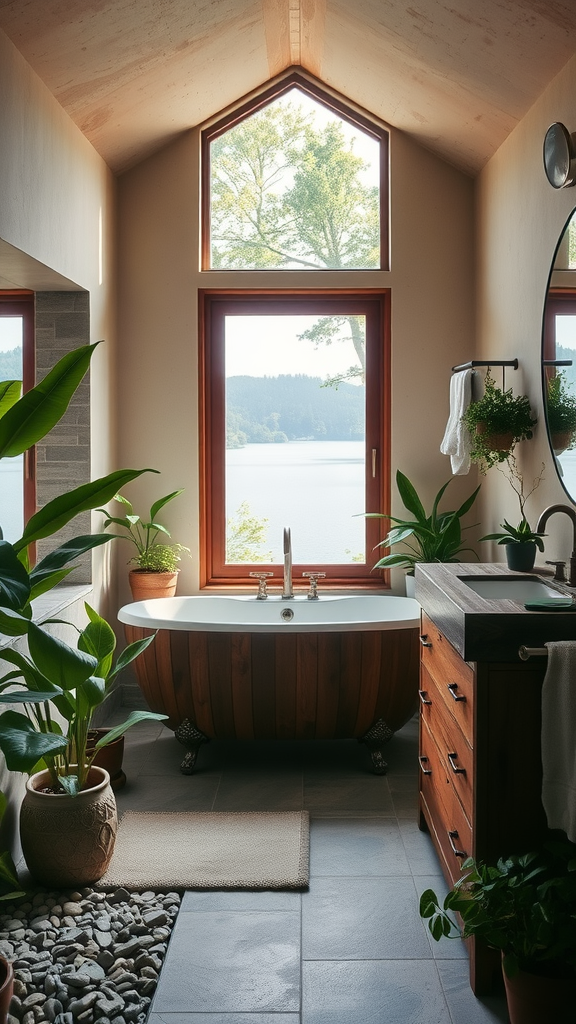 A nature-inspired bathroom with a freestanding tub, large windows, and abundant plants.