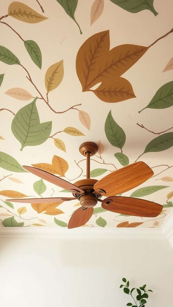 Ceiling design with leaf patterns and a wooden ceiling fan