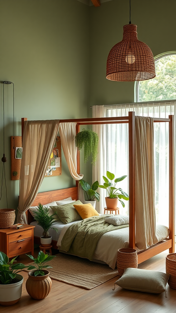 A nature-inspired bedroom featuring wood elements, plants, and soft colors.