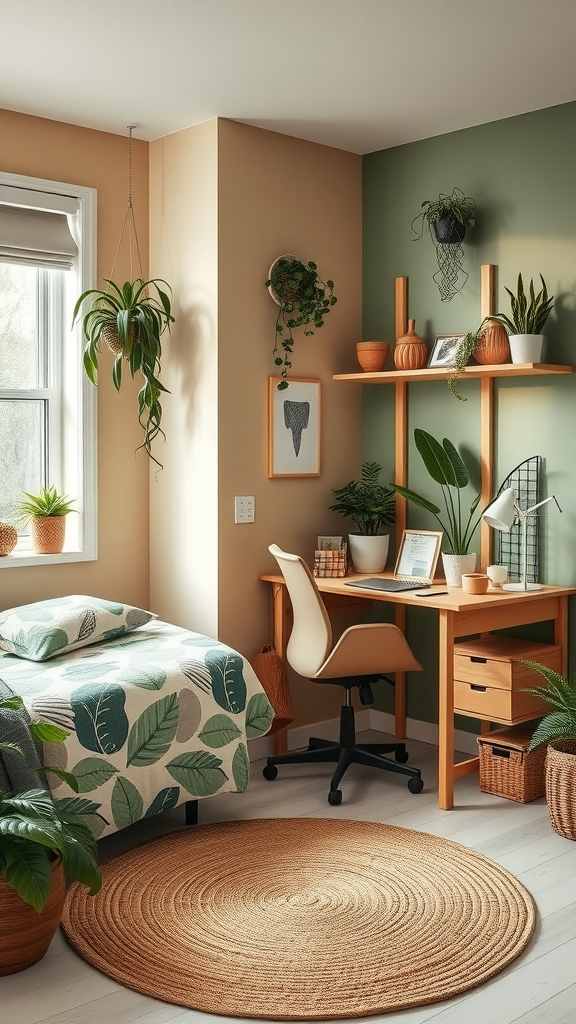 A cozy college dorm room featuring nature-inspired decor with plants, earthy tones, and a comfortable study area.