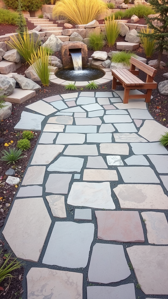 A nature-inspired stone patio with varied stones, greenery, a wooden bench, and a small water feature.