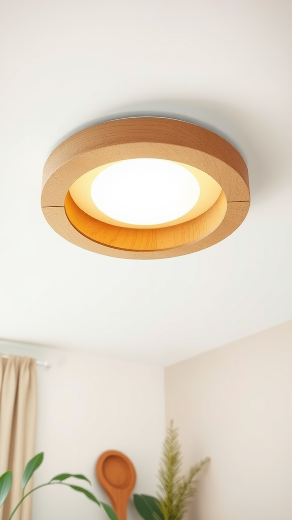 A wooden ceiling light with a round design, illuminating a softly colored bedroom.