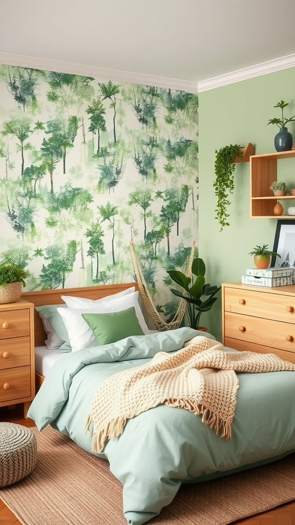 A cozy bedroom with green walls, nature-themed wallpaper, and light wooden furniture.