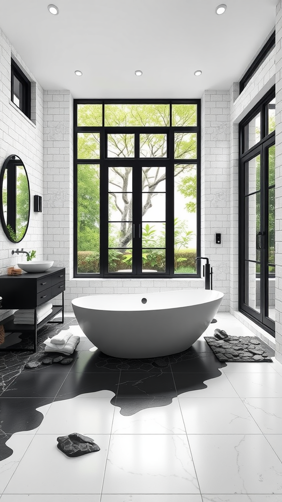 Modern black and white bathroom with a view of greenery, featuring a freestanding bathtub and stylish furniture.