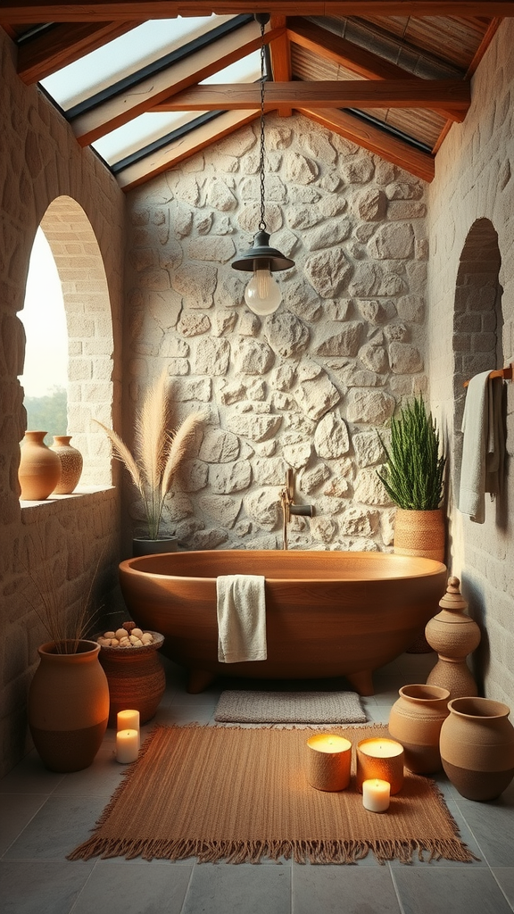 A cozy boho bathroom with a wooden bathtub, stone walls, and natural decor elements.