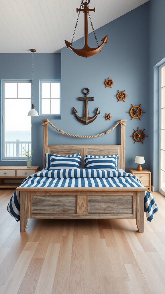 A nautical chic bedroom with blue walls, a wooden bed with striped bedding, and nautical decor.