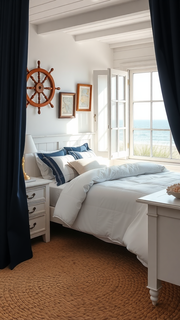 A bright coastal bedroom featuring white bedding, navy curtains, and a ship's wheel decor, with a view of the ocean.