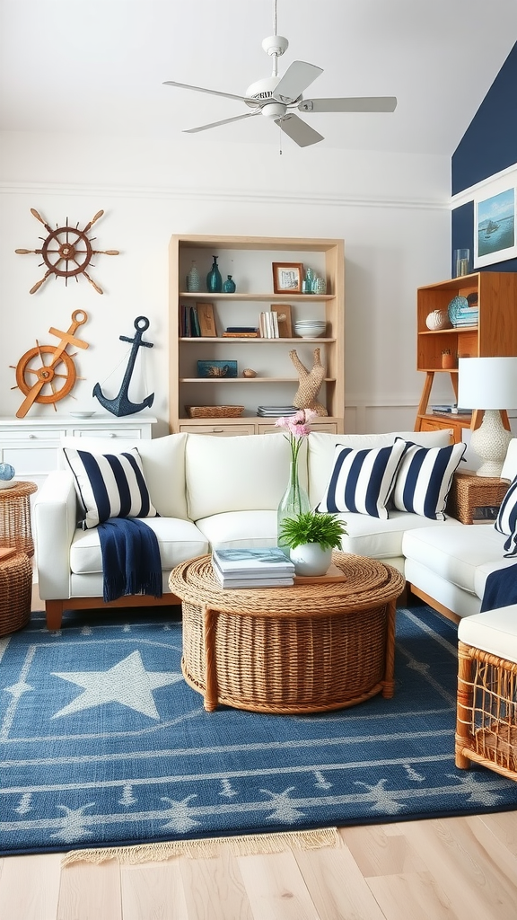 A stylish nautical coastal living room featuring a white sectional sofa with blue striped cushions, a round wicker coffee table, and nautical-themed wall decor.