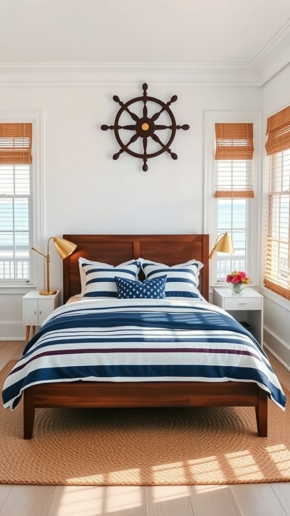 A modern coastal bedroom with navy and white striped bedding, a wooden captain's wheel on the wall, and natural light coming through the windows.