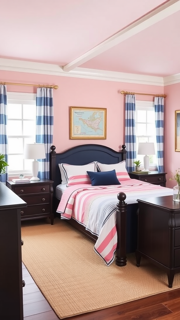 A beautifully decorated pink coastal bedroom with navy accents and striped bedding