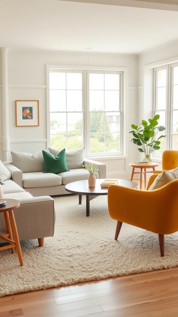 Cozy mid-century modern living room with neutral colors and bright accents.