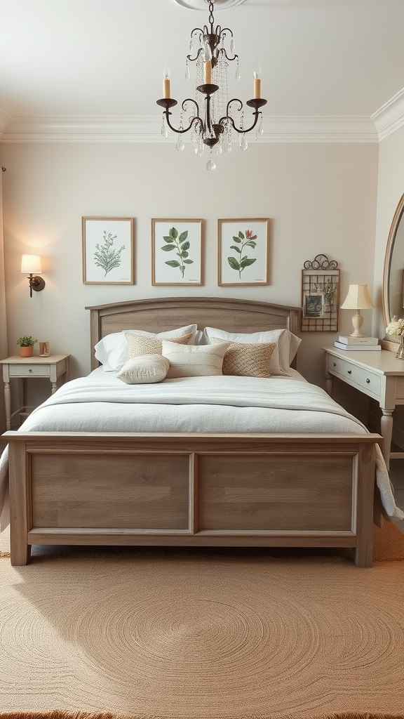 A neutral-themed bedroom featuring a wooden bed, soft pillows, floral artwork, and elegant chandelier.