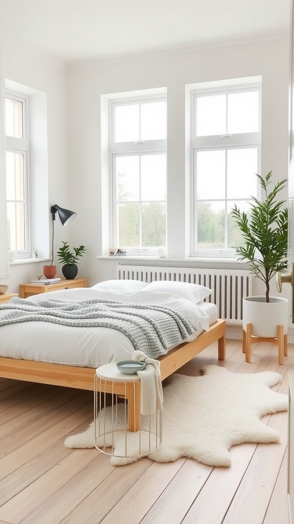 A bright and airy bedroom featuring a wooden bed, soft bedding, and large windows with natural light.