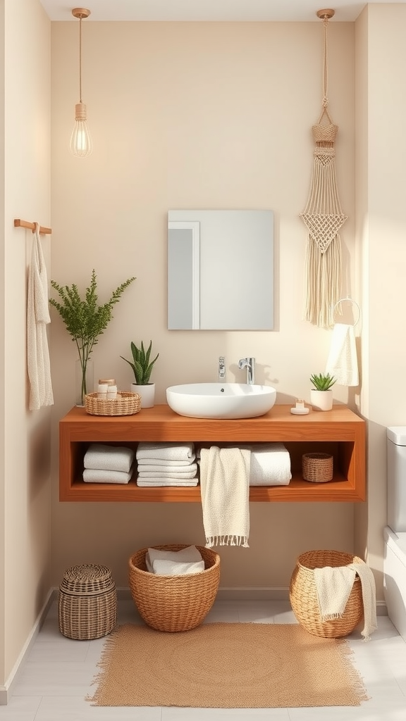 A serene boho bathroom featuring a wooden vanity, plants, and neutral colors.