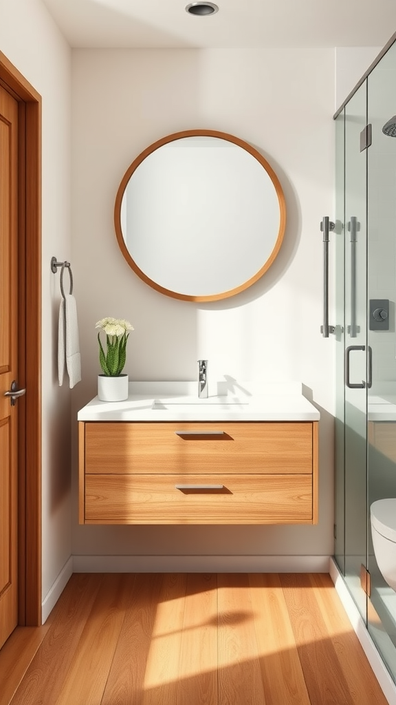 A modern bathroom featuring a wooden vanity, neutral tones, and a round mirror, with sunlight streaming in.