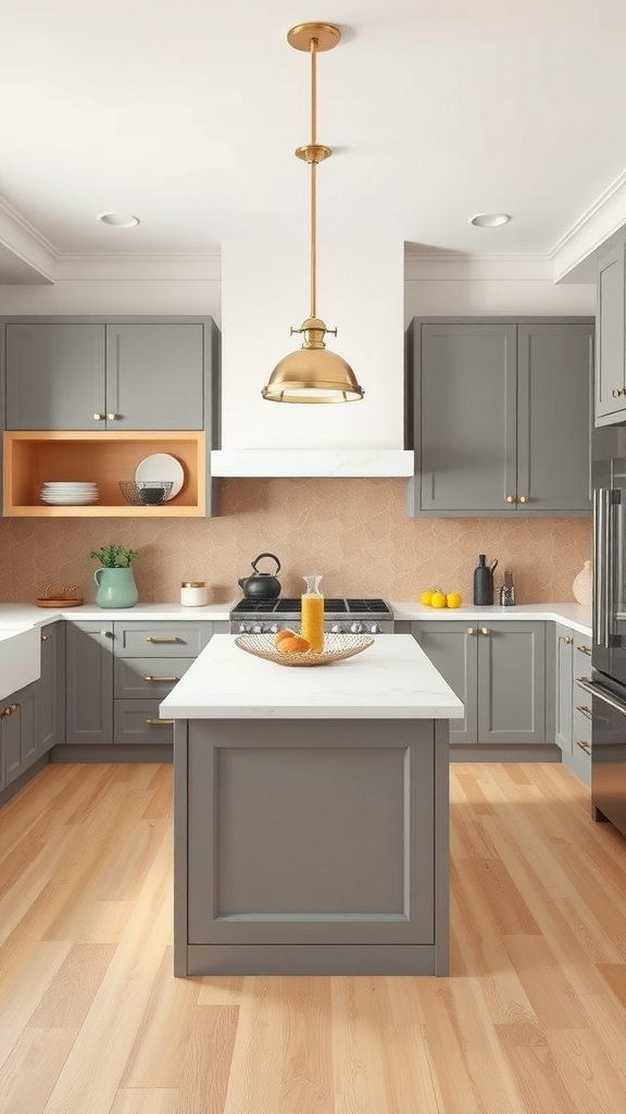 A modern kitchen with gray cabinets, gold accents, and a wooden floor, featuring a central island and open shelving.