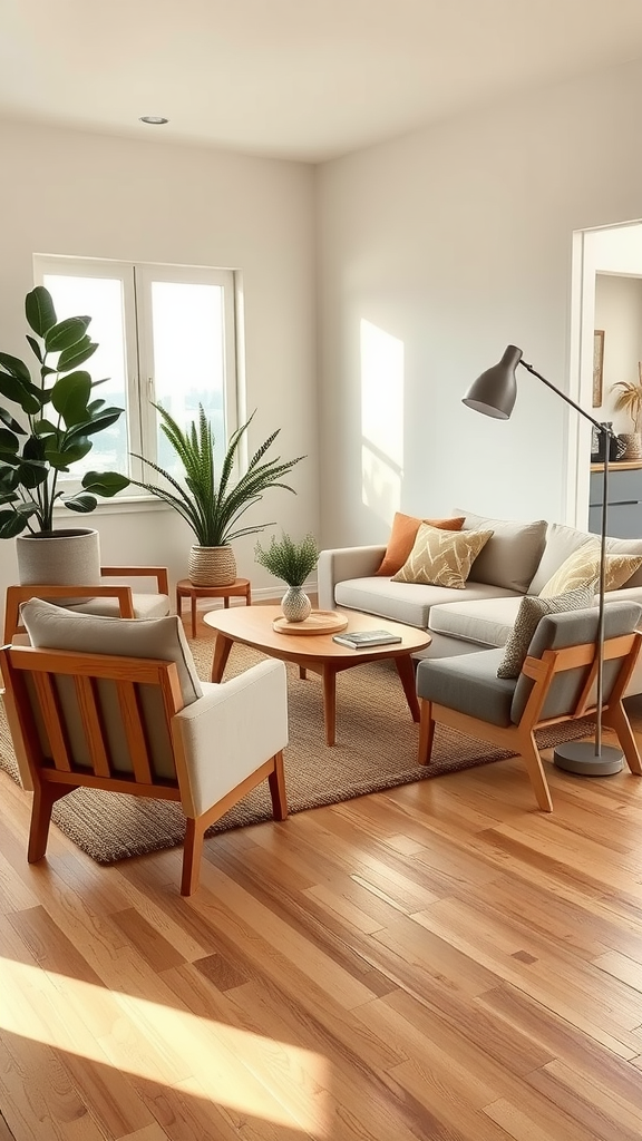 Cozy mid-century modern living room featuring neutral tones, natural textures, and indoor plants.