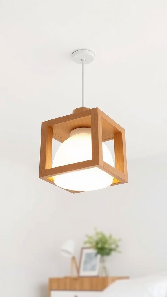 A Nordic style ceiling light with a wooden frame and a round glass shade, hanging from a white ceiling.