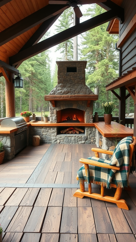 A cozy outdoor kitchen patio in a Northwoods cabin style with a stone fireplace, grill, and wooden seating.