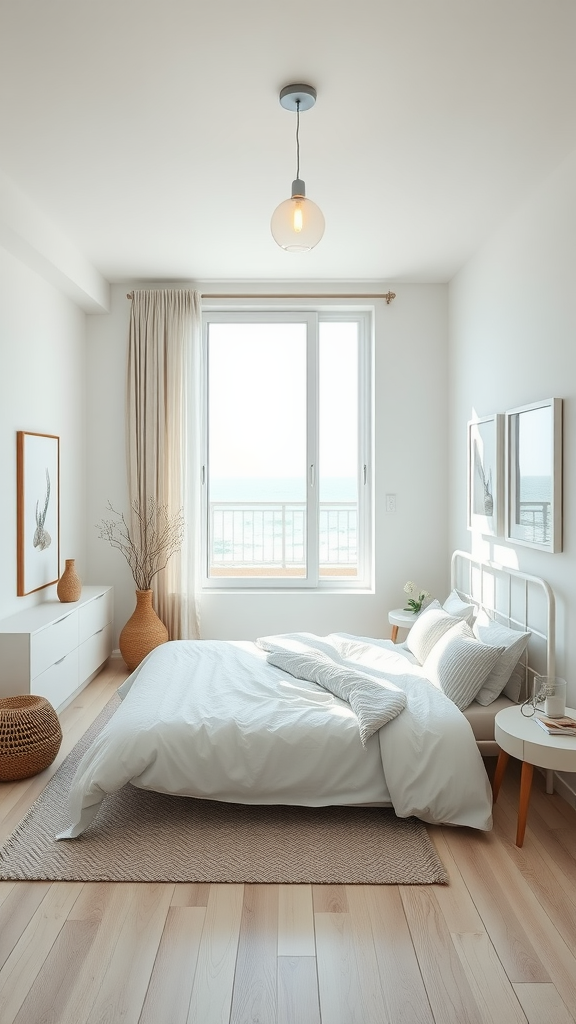 A modern coastal bedroom with a view of the ocean, featuring white bedding, light wood flooring, and soft decor.