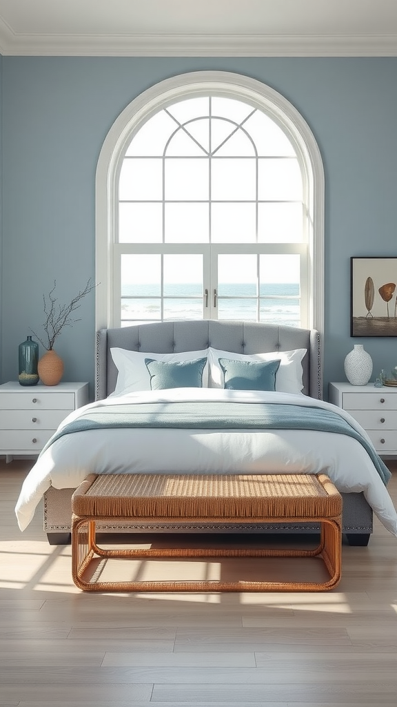 A modern coastal bedroom with a large window overlooking the ocean, featuring a plush bed and a stylish bench.