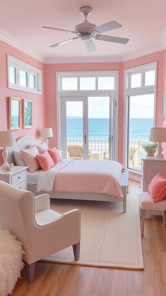 Coastal bedroom with pink walls and ocean view