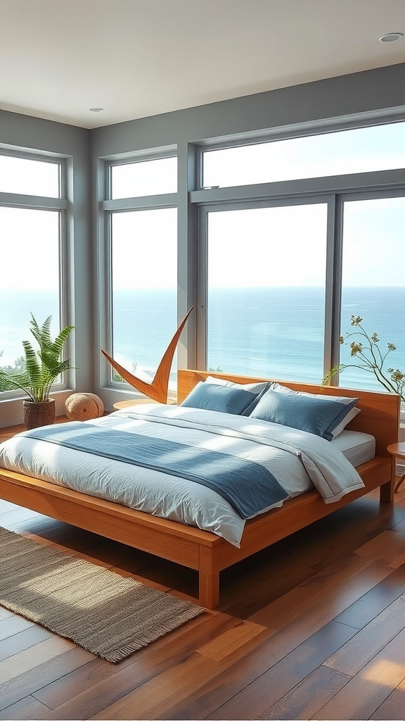 A serene coastal bedroom with ocean views, featuring a minimalist bed, natural decor, and plants.