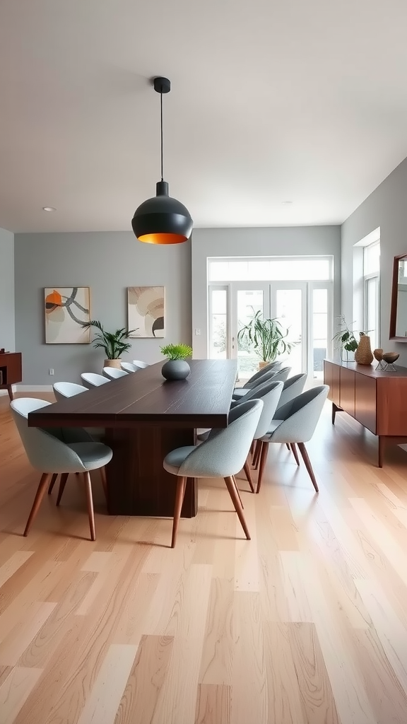 Open-concept mid-century modern dining room with a long dark wood table, light blue chairs, and natural light.