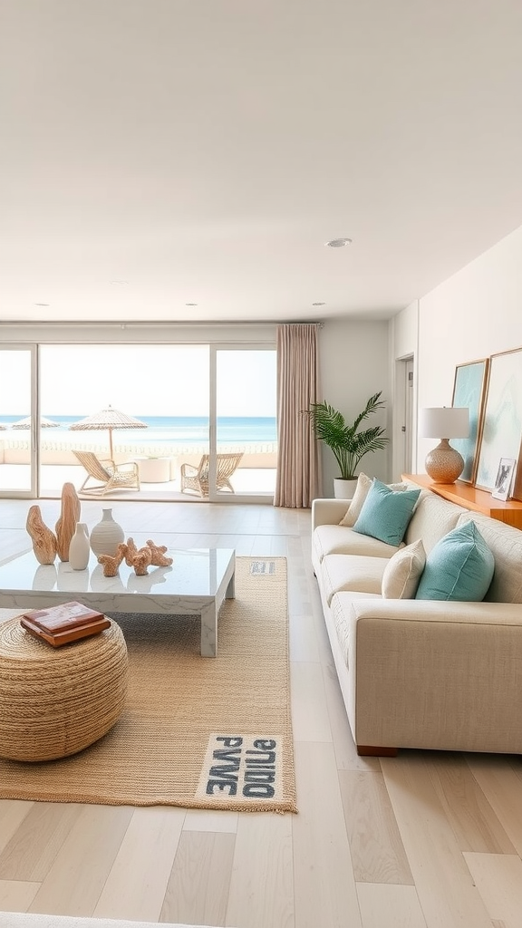 A modern coastal living room with large windows overlooking the ocean, featuring a cream sofa, turquoise pillows, a glass coffee table, and natural elements.