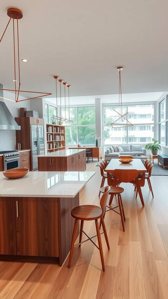 Open concept mid-century modern kitchen with lounge area featuring wooden cabinets, a large island, and natural light