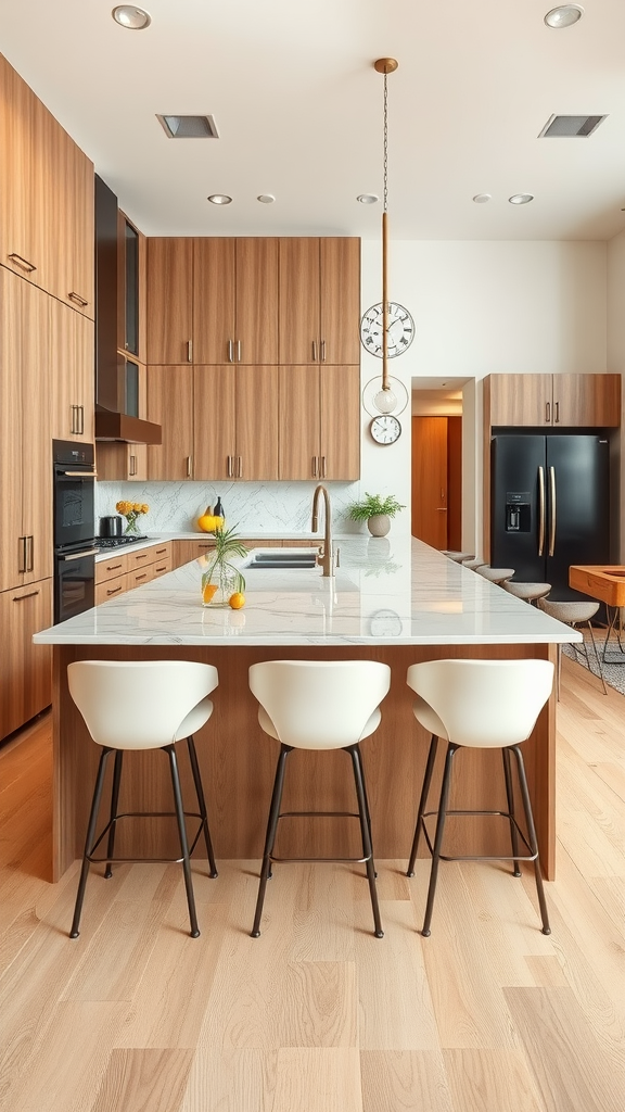 A modern open concept kitchen featuring wooden cabinets, a large island with seating, and bright lighting.