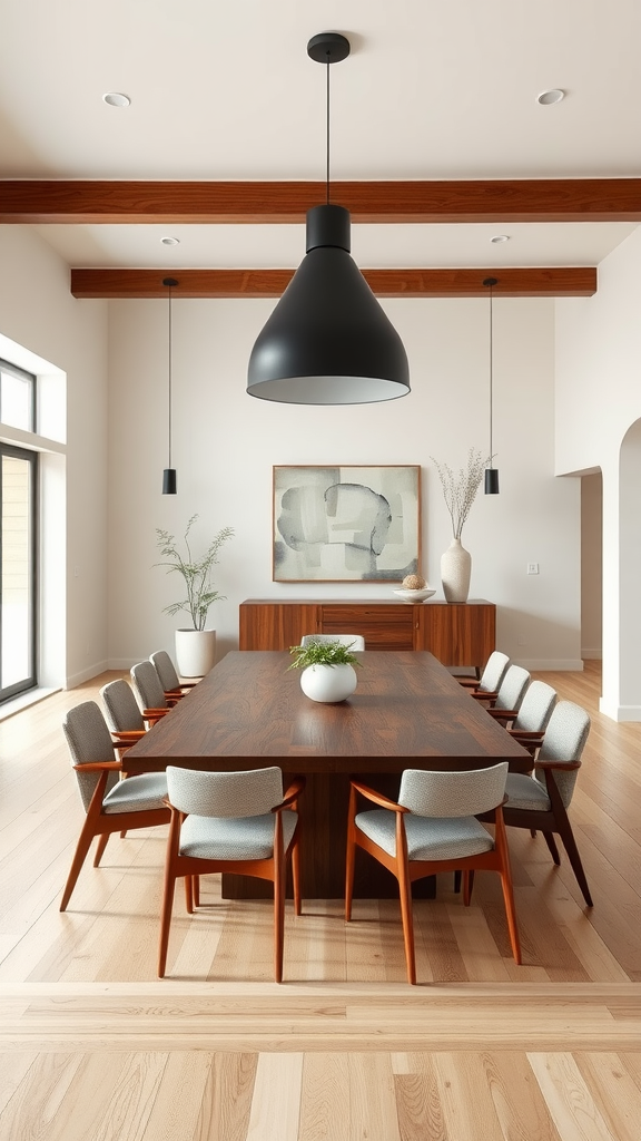 A modern mid-century dining room featuring a large wooden table, upholstered chairs, and stylish pendant lights.