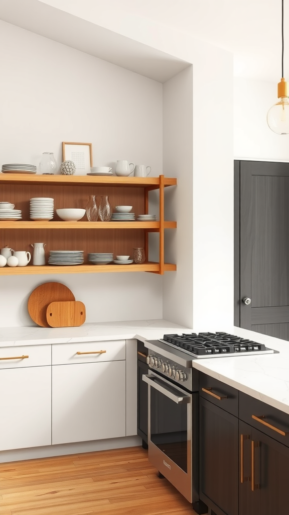 A modern minimalist kitchen with open wooden shelves displaying dishware and a stylish stove