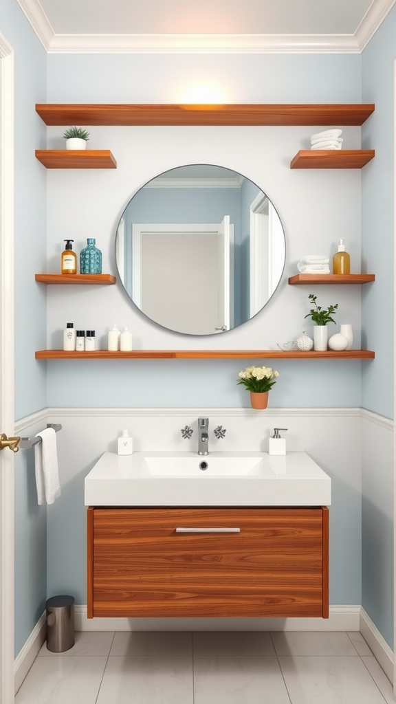 Mid Century Modern bathroom with open wooden shelves, a round mirror, and a stylish sink