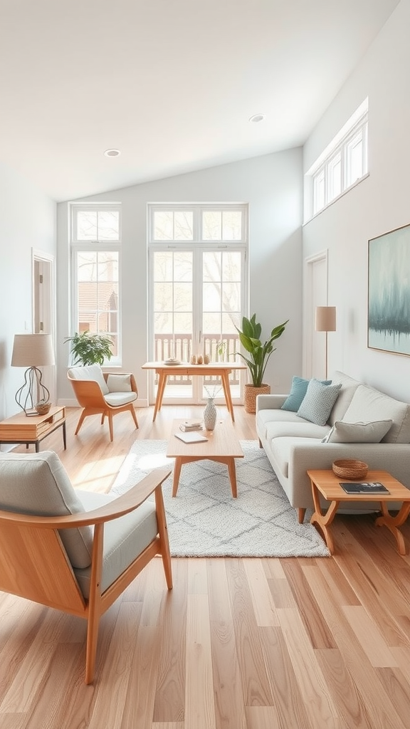 A cozy mid-century modern living room with large windows, light walls, and stylish wooden furniture.