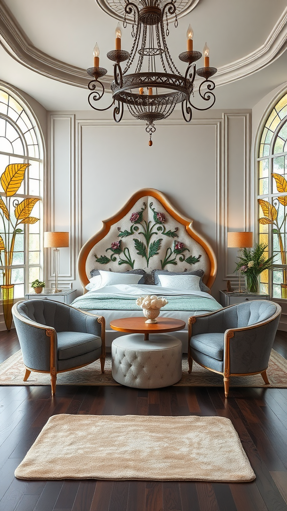 Luxurious Art Nouveau master bedroom featuring a floral headboard, elegant chandelier, and plush seating