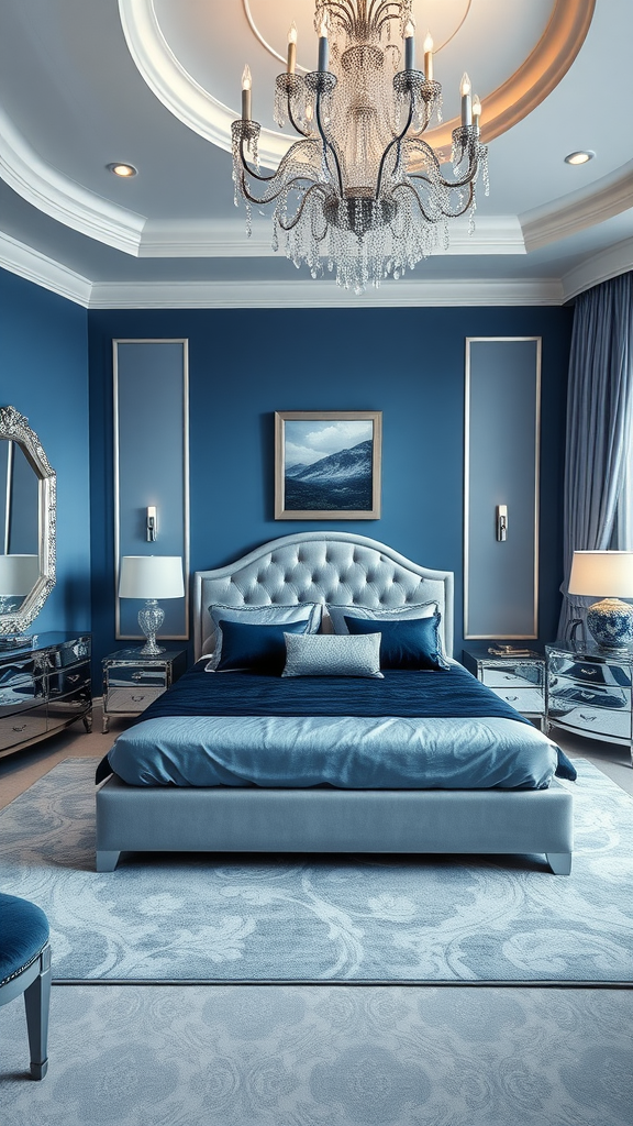 Elegant master bedroom featuring blue walls, a plush bed, and a sparkling chandelier