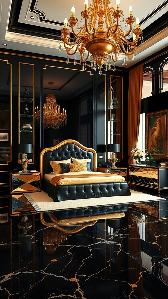 Opulent gold and black master suite featuring a plush bed, elegant chandelier, and reflective marble floor.