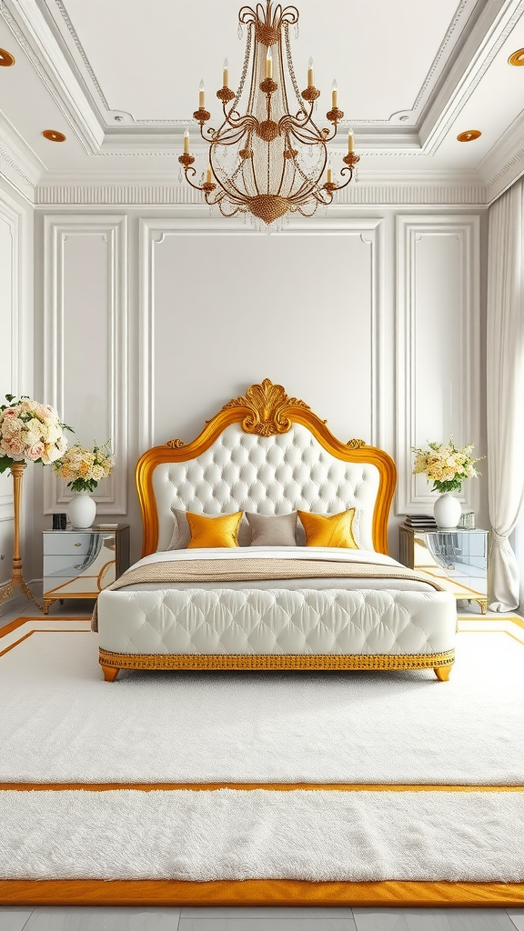 Luxurious master bedroom featuring a white and gold color scheme, including a tufted bed, elegant chandelier, and stylish decor.