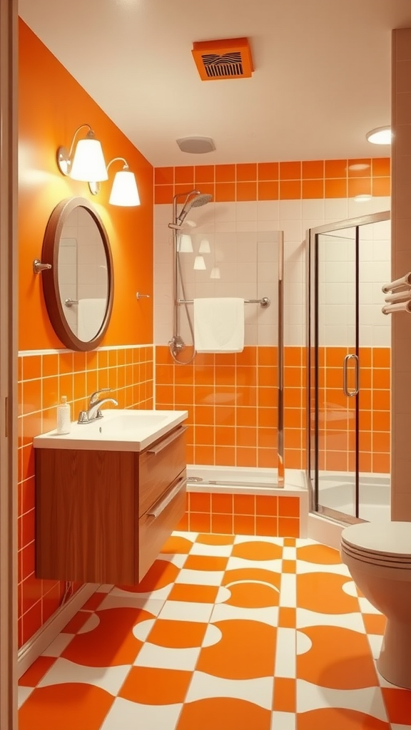 A retro bathroom featuring orange and white tiles, a wooden vanity, and modern fixtures.