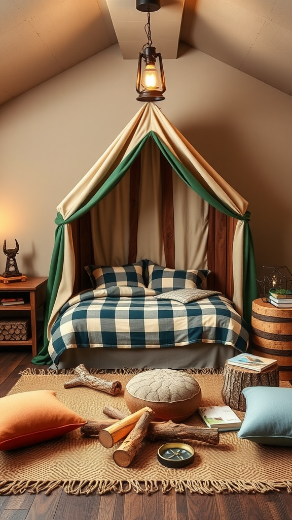 A cozy teen bedroom with a tent-style bed, plaid bedding, and rustic decor.