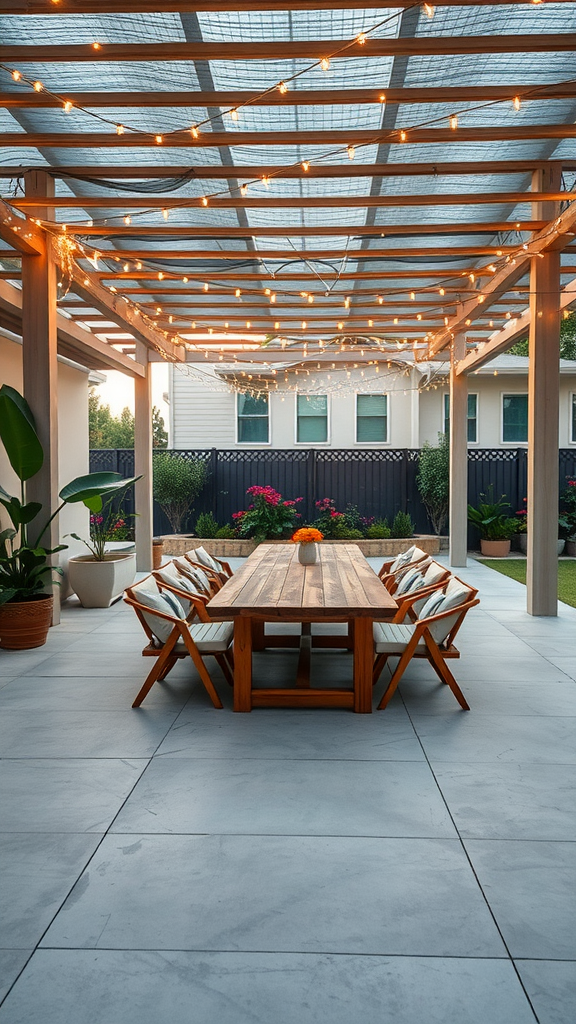 Outdoor dining area with a wooden table and chairs under a pergola adorned with twinkling lights.